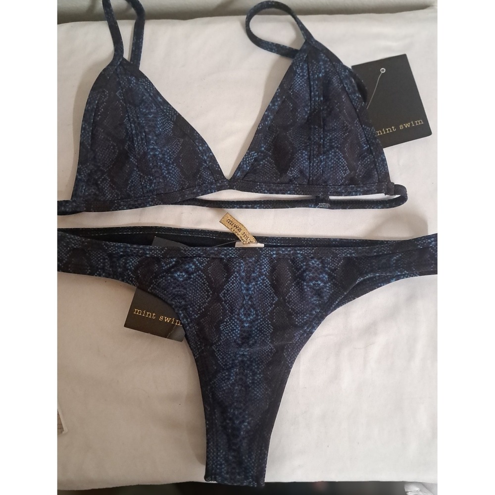 Mint Swim Blue Snakeskin Print Bikini Set Top Small Bottom Medium NWT Made USA
